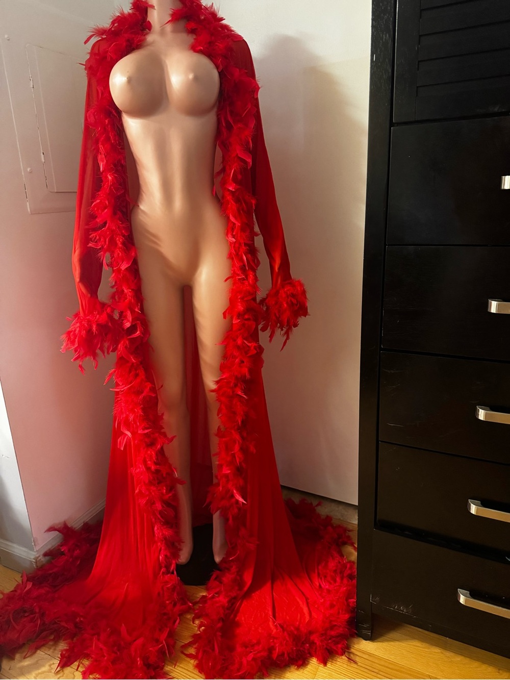 Elegant Red Feather-Trim Long Robe - Women’s Intimates & Sleepwear